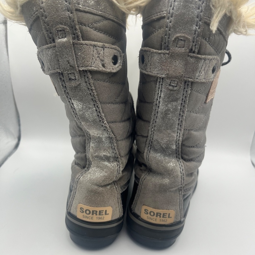 SOREL Tofino Il  Girls  Silver Gray Black Winter Snow Boot  Fur  Lace Up  Size 1 - Picture 3 of 8